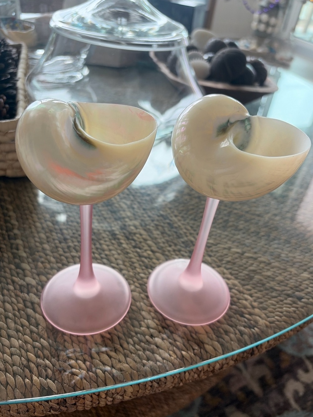 Mother of Pearl Nautilus Shell Vessels with Pink Glass Stems set of 2